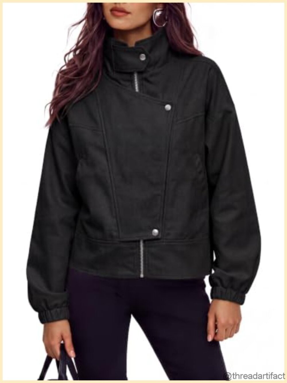 Womens Cropped Moto Bomber Jacket Zip Up Snap Pockets